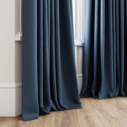 Sekers Glamis Bluebell fire retardant curtain fabric made-up curtain