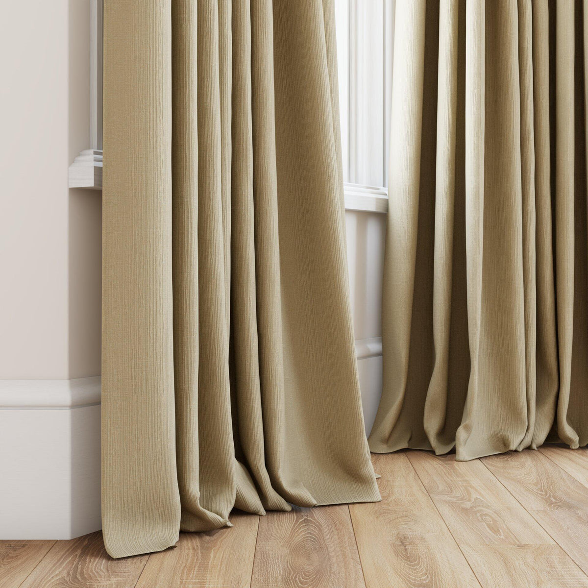 Sekers Glamis Almond fire retardant curtain fabric made-up curtain