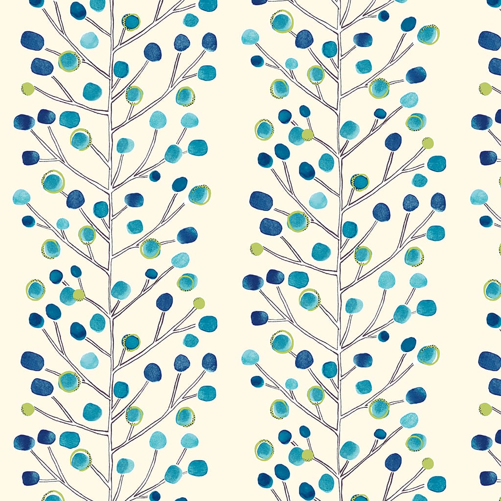 Panaz Berry Tree A34 Peacock Powder Blue Lime Neutral Fire Retardant Curtains