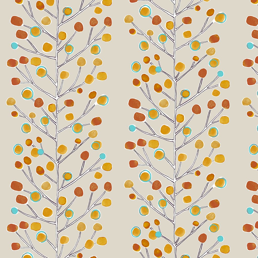 Panaz Berry Tree D18 Neutral Tangerine Powder Blue Lemon Fire Retardant Curtains
