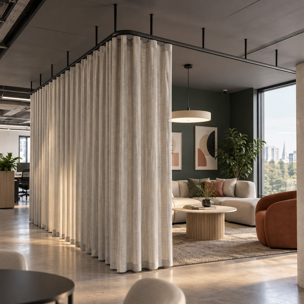 Zone L dividing curtain track with a wave curtain round the corner of a room