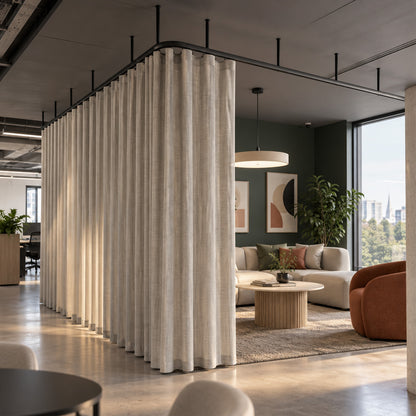 Zone L dividing curtain track with a wave curtain round the corner of a room