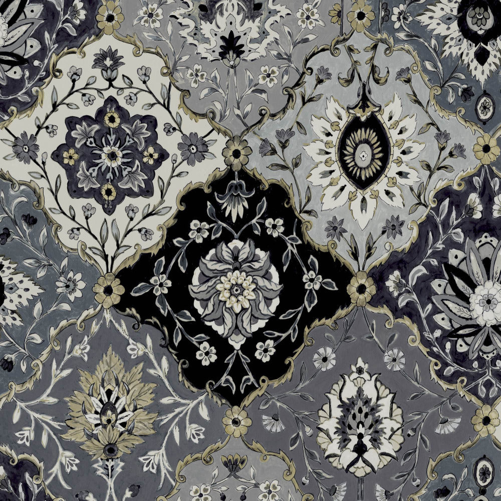 Mallion & Knowles Kashmir Charcoal/Silver Fire Retardant Curtains texture detail