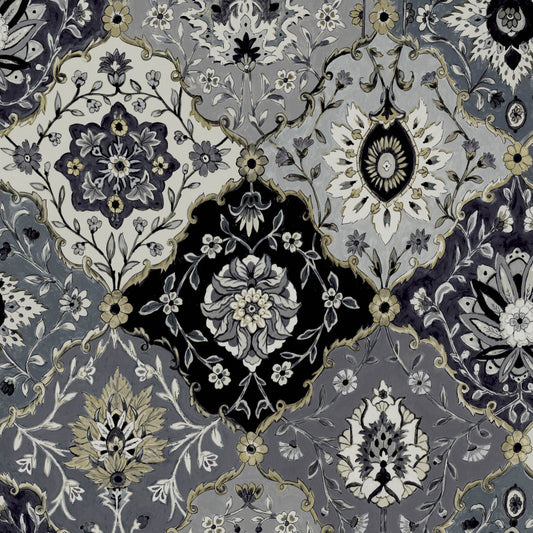 Mallion & Knowles Kashmir Charcoal/Silver Fire Retardant Curtains texture detail