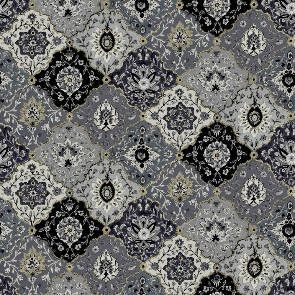 Mallion & Knowles Kashmir Charcoal/Silver Fire Retardant Curtains