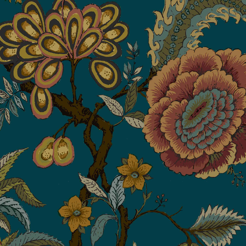 Mallion & Knowles Pompadour Teal Fire Retardant Curtains texture detail