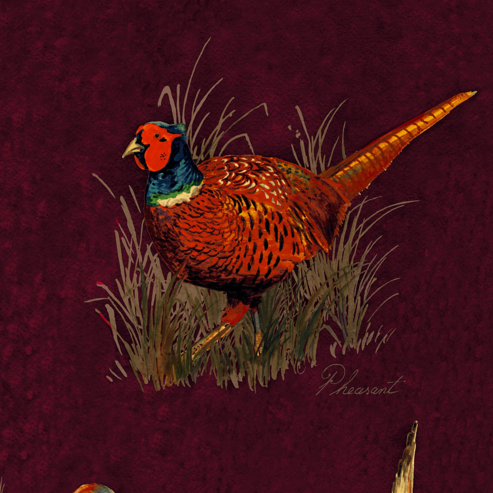 Mallion & Knowles Game Birds Burgundy Fire Retardant Curtains texture detail