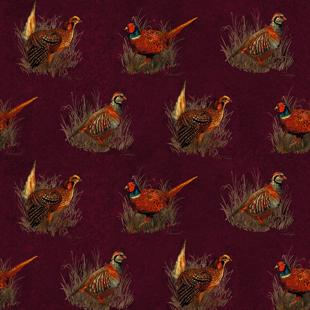 Mallion & Knowles Game Birds Burgundy Fire Retardant Curtains