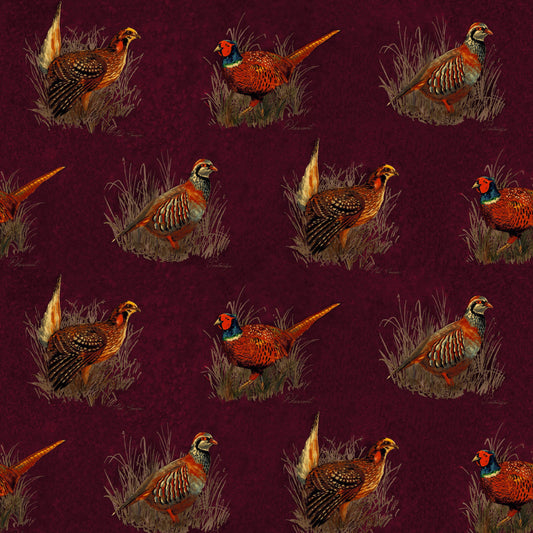 Mallion & Knowles Game Birds Burgundy Fire Retardant Curtains