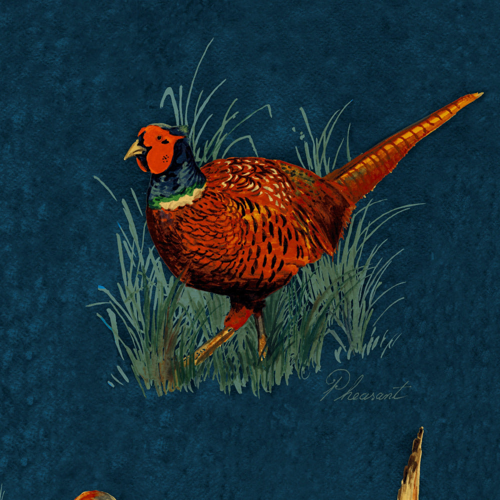Mallion & Knowles Game Birds Navy Fire Retardant Curtains texture detail