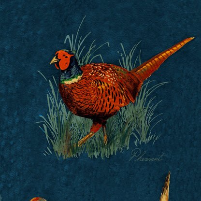 Mallion & Knowles Game Birds Navy Fire Retardant Curtains texture detail