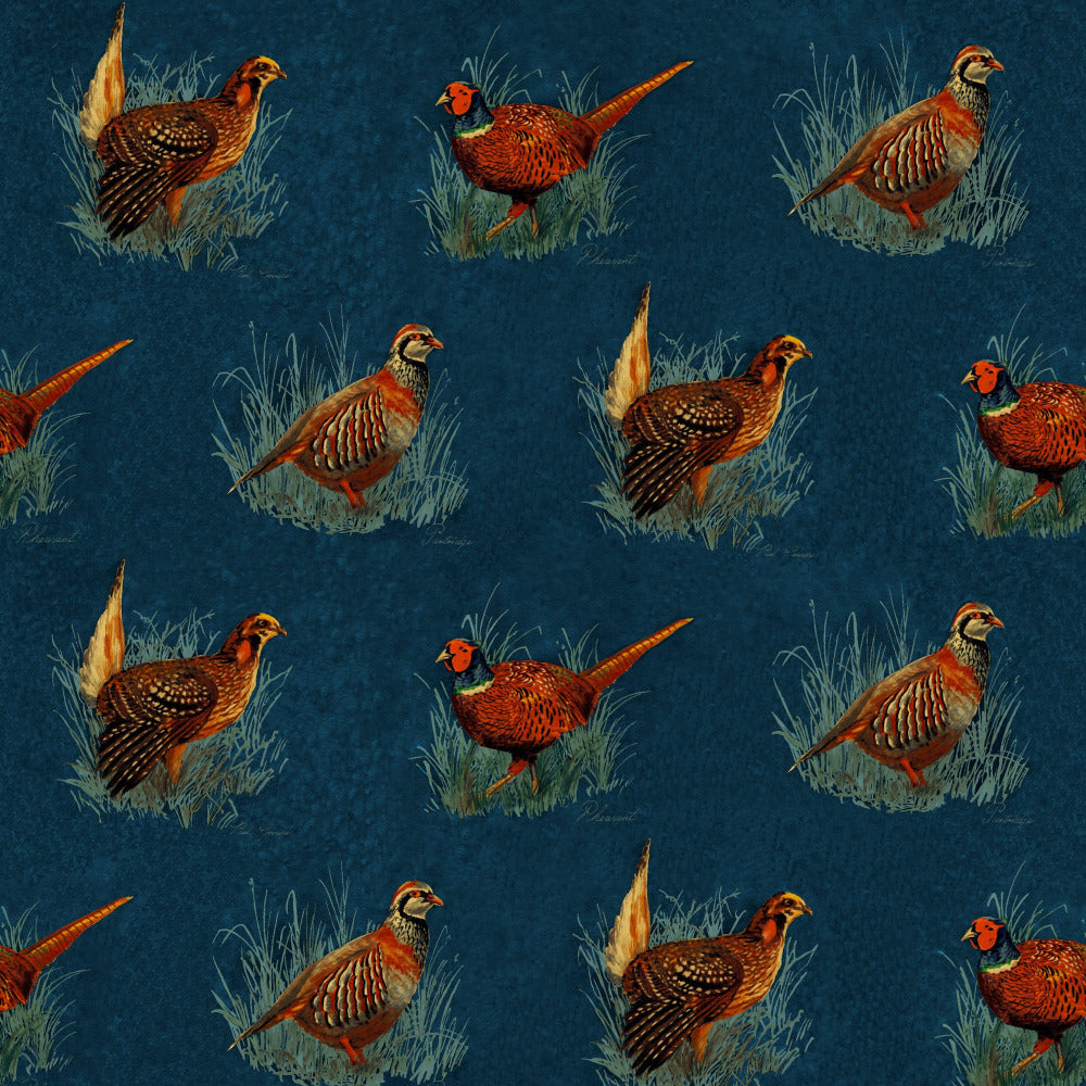 Mallion & Knowles Game Birds Navy Fire Retardant Curtains