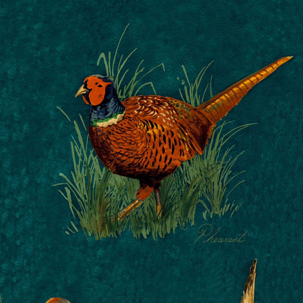 Mallion & Knowles Game Birds Teal Fire Retardant Curtains texture detail