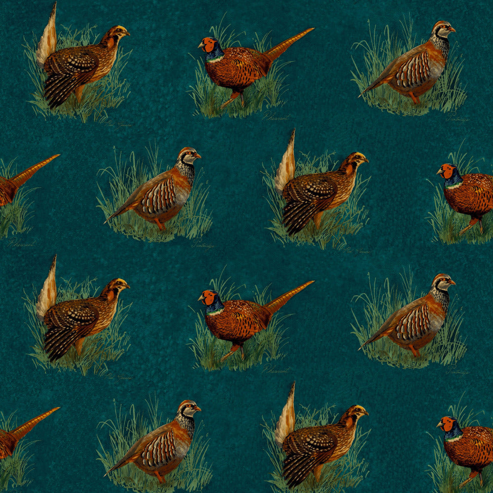 Mallion & Knowles Game Birds Teal Fire Retardant Curtains