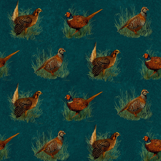 Mallion & Knowles Game Birds Teal Fire Retardant Curtains
