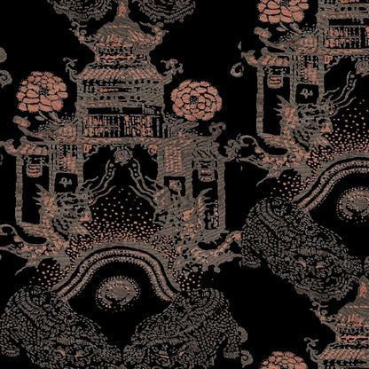 Mallion & Knowles Pagoda Coffee/Peach Fire Retardant Curtains texture detail
