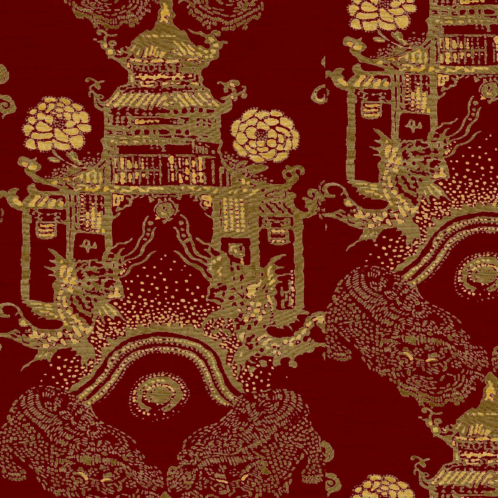 Mallion & Knowles Pagoda Crimson Fire Retardant Curtains texture detail