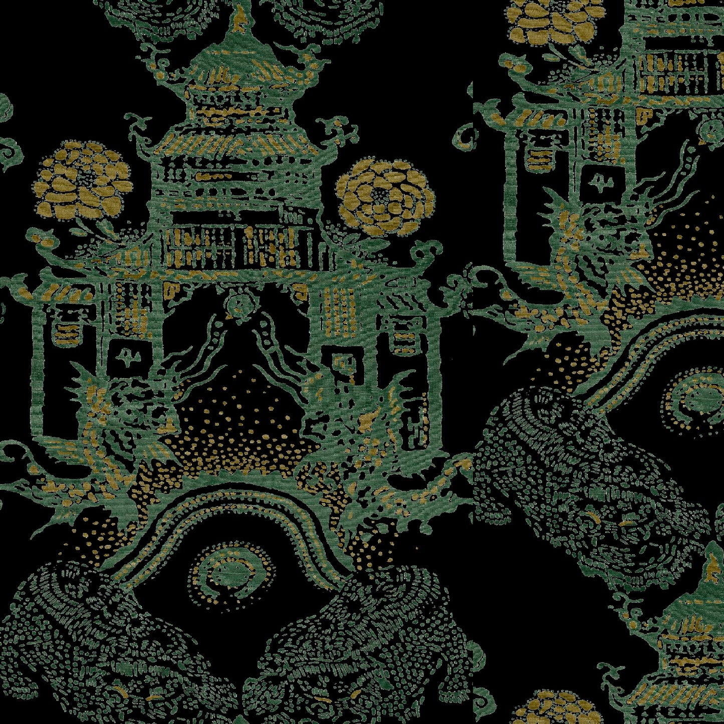 Mallion & Knowles Pagoda Fern/Gold Fire Retardant Curtains texture detail