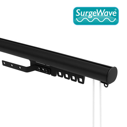 Motiva Round Corded curtain track in black dressed with wave curtains