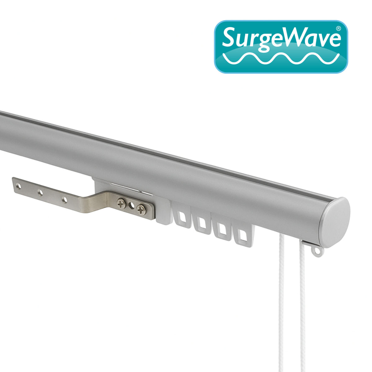 Motiva Round Corded curtain track in silver dressed with wave curtains