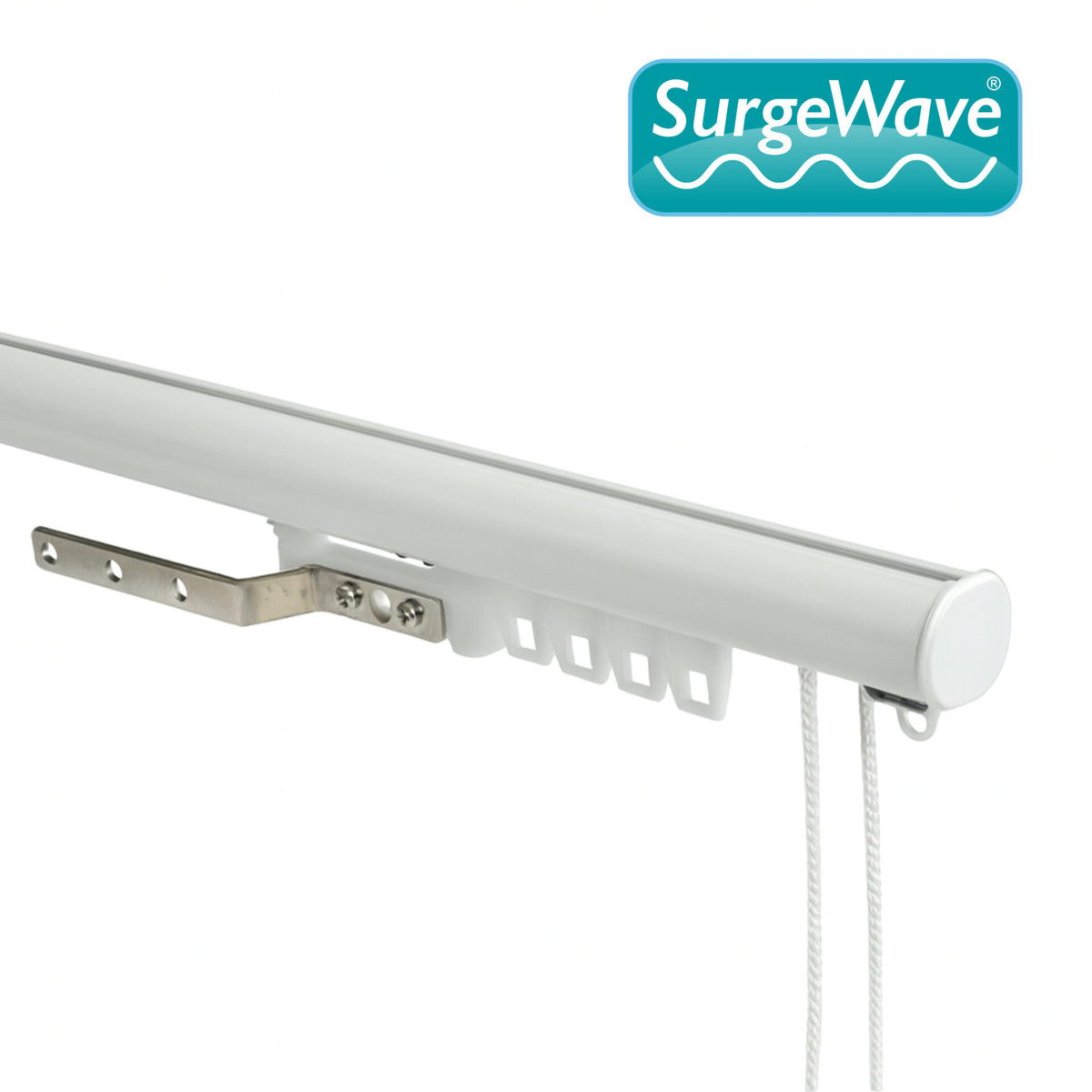 Motiva Round Corded curtain track in white dressed with wave curtains