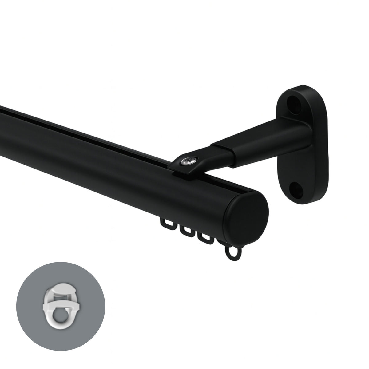 Motiva Round contract curtain track in black with extendable wall bracket – standard gliders