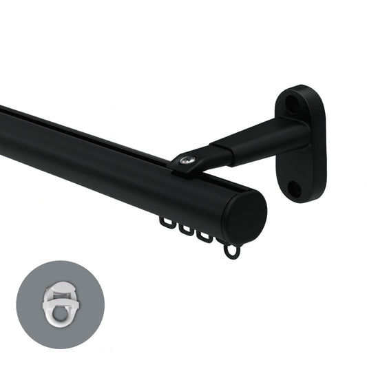 Motiva Round contract curtain track in black with extendable wall bracket – standard gliders