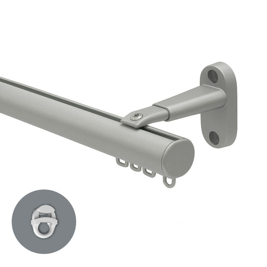 Motiva Round contract curtain track in silver with extendable wall bracket – standard gliders