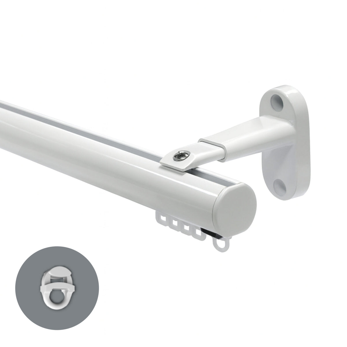 Motiva Round contract curtain track in white with extendable wall bracket – standard gliders