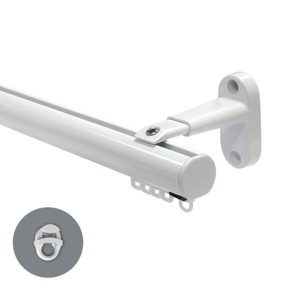 Motiva Round contract curtain track in white with extendable wall bracket – standard gliders