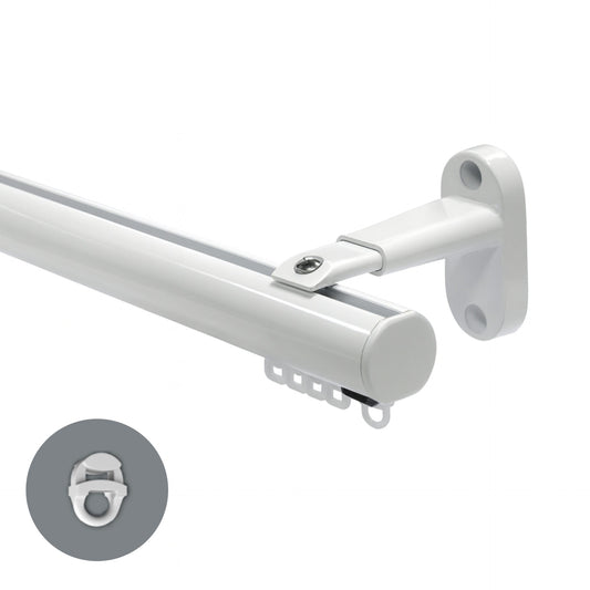 Motiva Round contract curtain track in white with extendable wall bracket – standard gliders