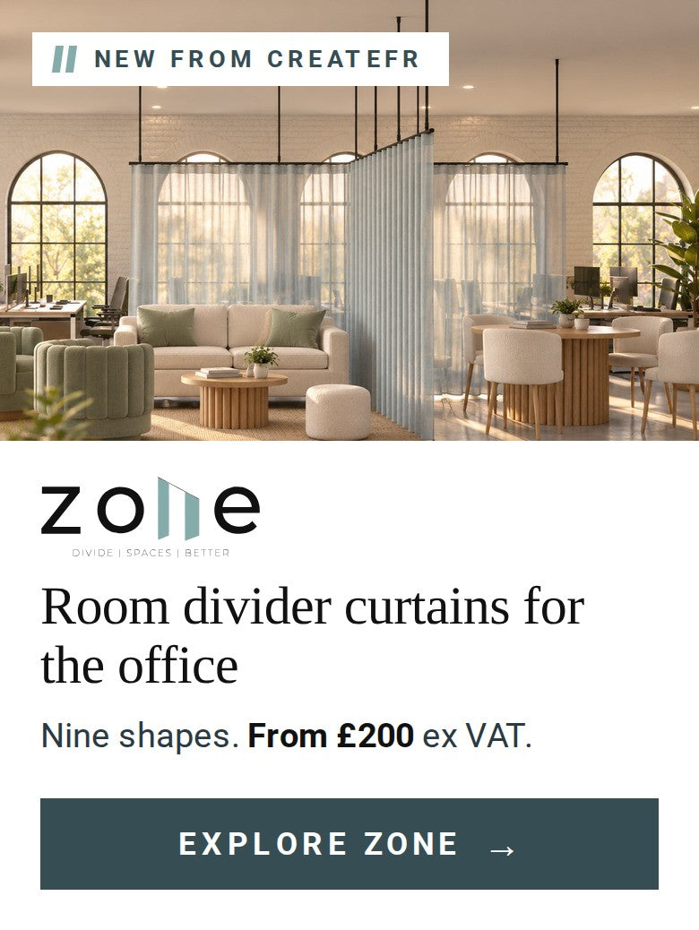 Zone room divider curtains for the office: ceiling track kits in nine shapes, from £200 ex VAT