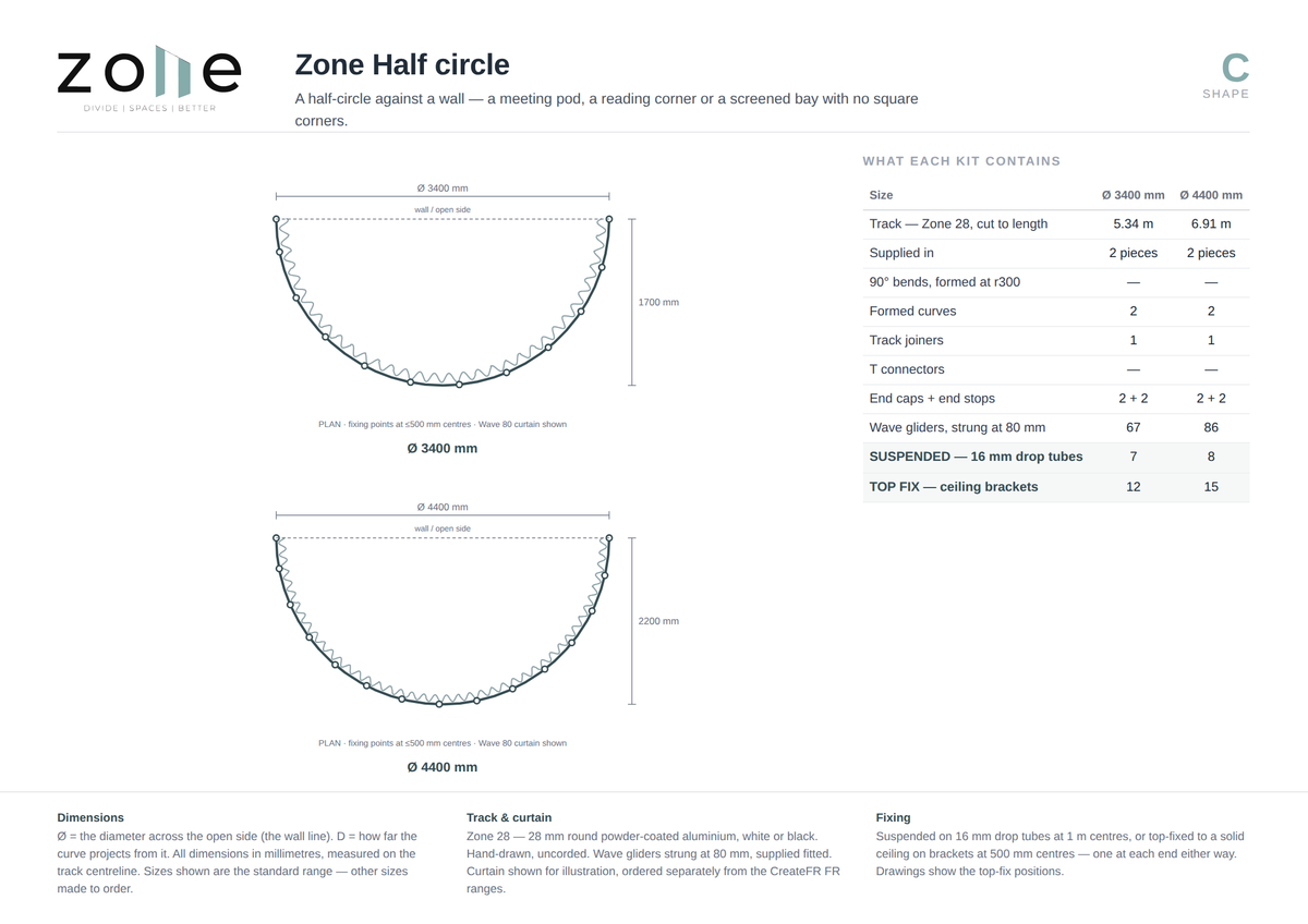 Zone C half circle – dimensioned plan and kit schedule for each size