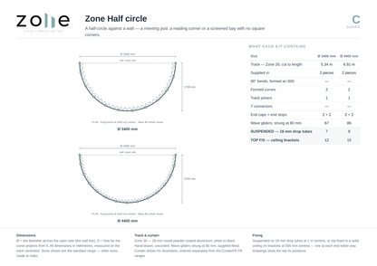 Zone C half circle – dimensioned plan and kit schedule for each size