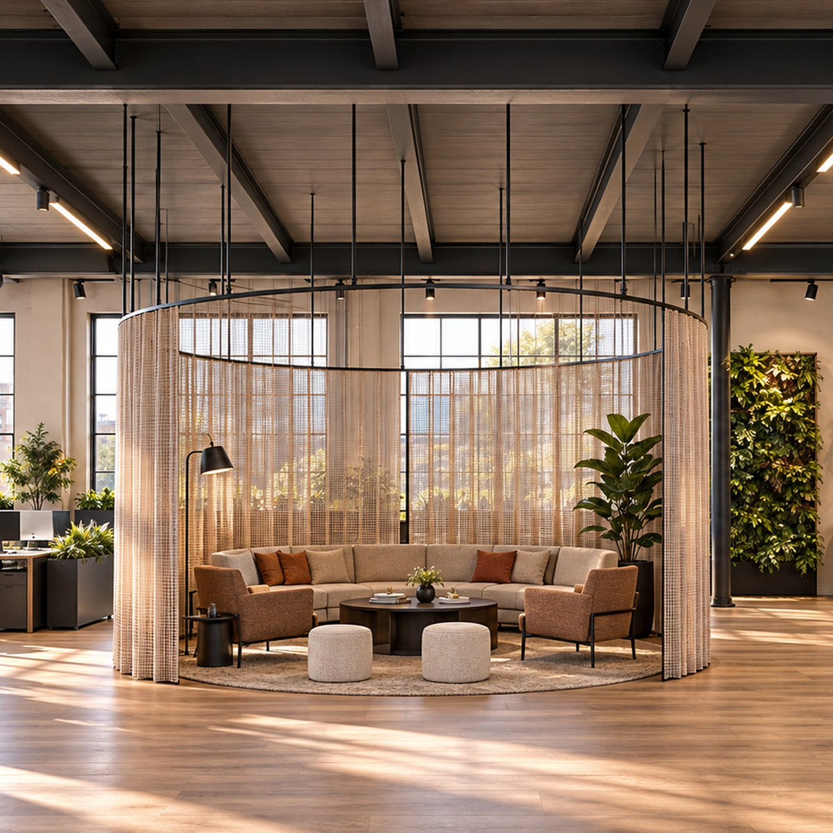 Zone O full circle dividing curtain track with a wave curtain, suspended on drop tubes as a huddle circle in a loft office