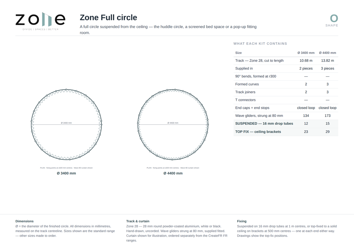 Zone O full circle – dimensioned plan and kit schedule for each size