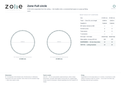 Zone O full circle – dimensioned plan and kit schedule for each size