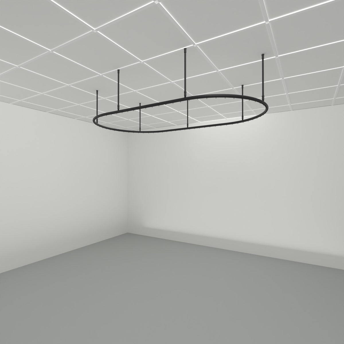 Zone Pod dividing curtain track suspended from a grid ceiling on drop tubes