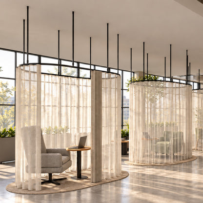 Zone Pod dividing curtain track with a wave curtain, suspended on drop tubes as private laptop pods in a busy office