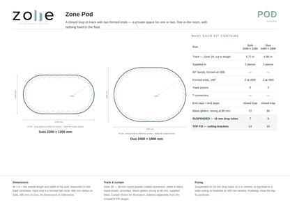 Zone Pod room divider curtain track: dimensioned plan and kit contents for Solo 2200 × 1200 mm and Duo 2400 × 1800 mm