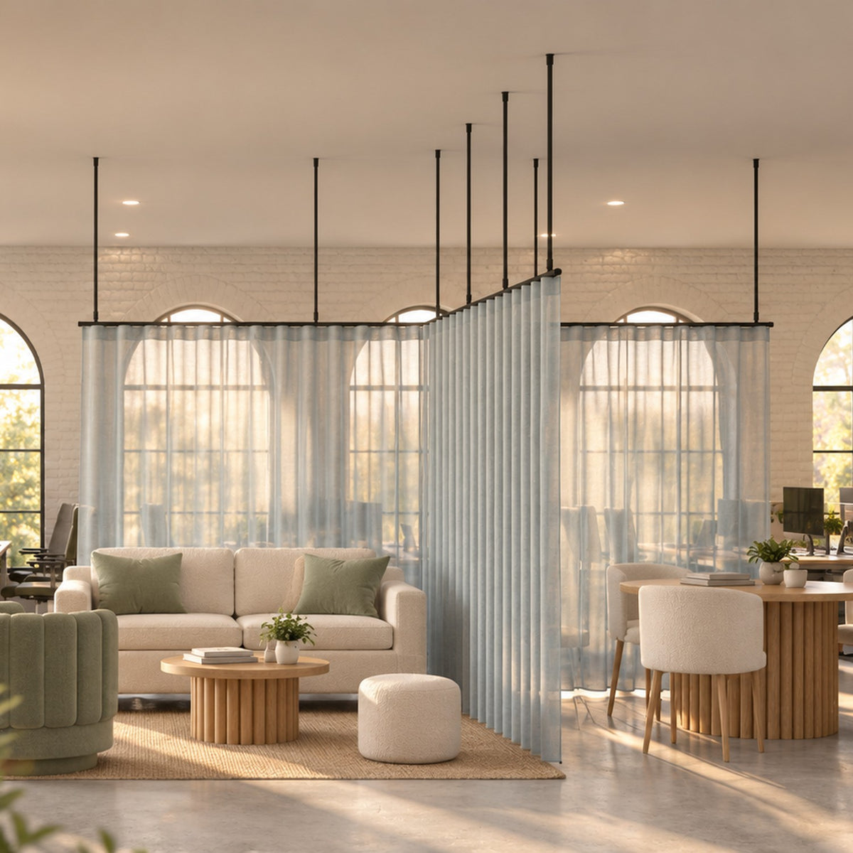 Zone T curtain track with sheer wave curtains, suspended on drop tubes between a lounge and a meeting table in an open-plan office