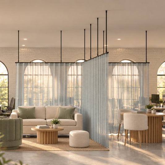 Zone T curtain track with sheer wave curtains, suspended on drop tubes between a lounge and a meeting table in an open-plan office