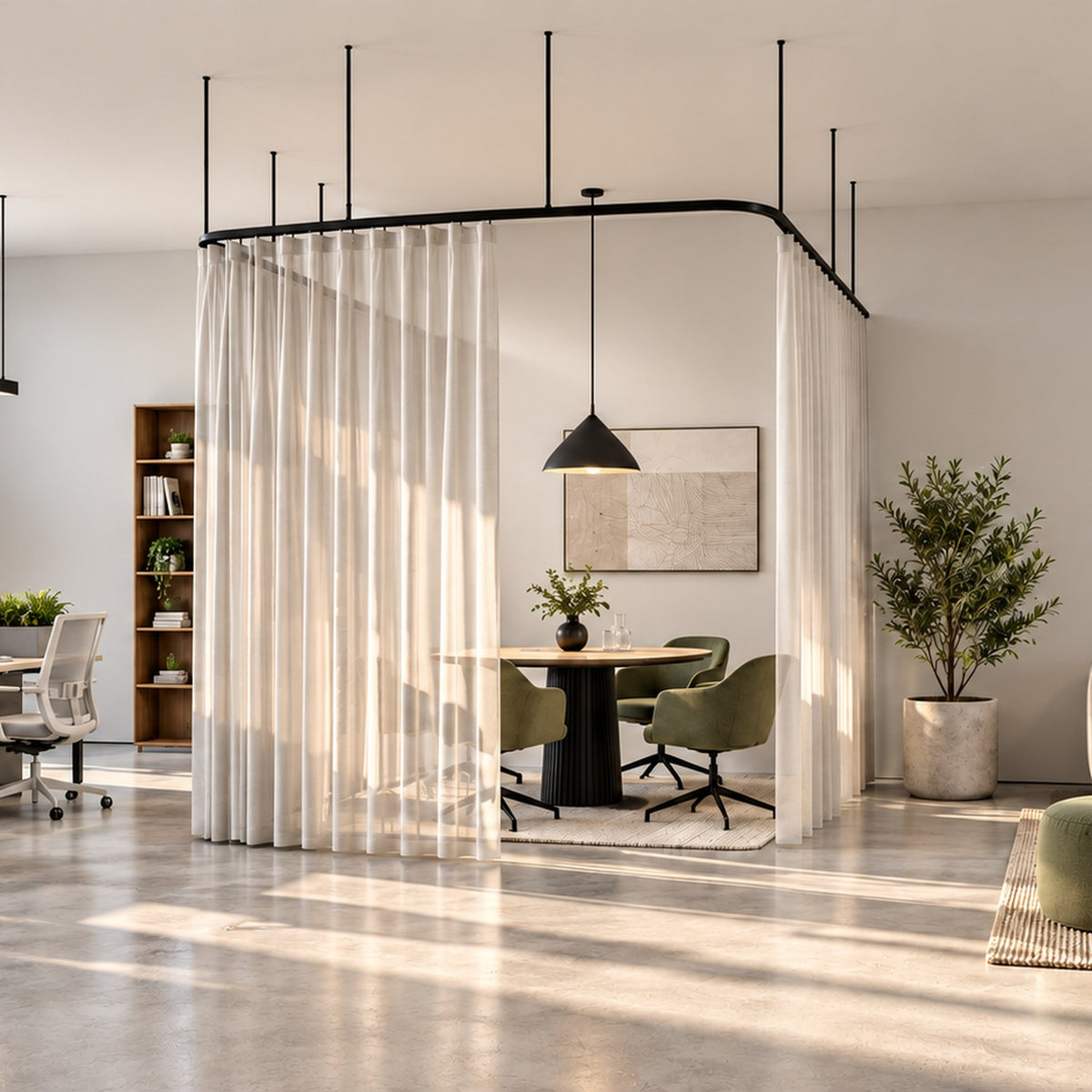 Zone U dividing curtain track with a wave curtain, suspended on drop tubes as a three-sided meeting booth